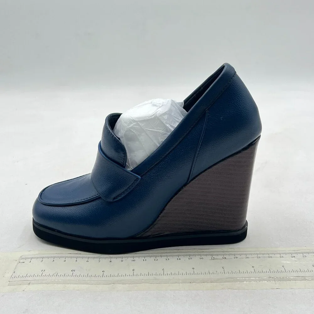 YDN Blue Dressy Pump Square Closed Toe Slip On Loafers Wedges High Heeled Shoes - Picture 2 of 8
